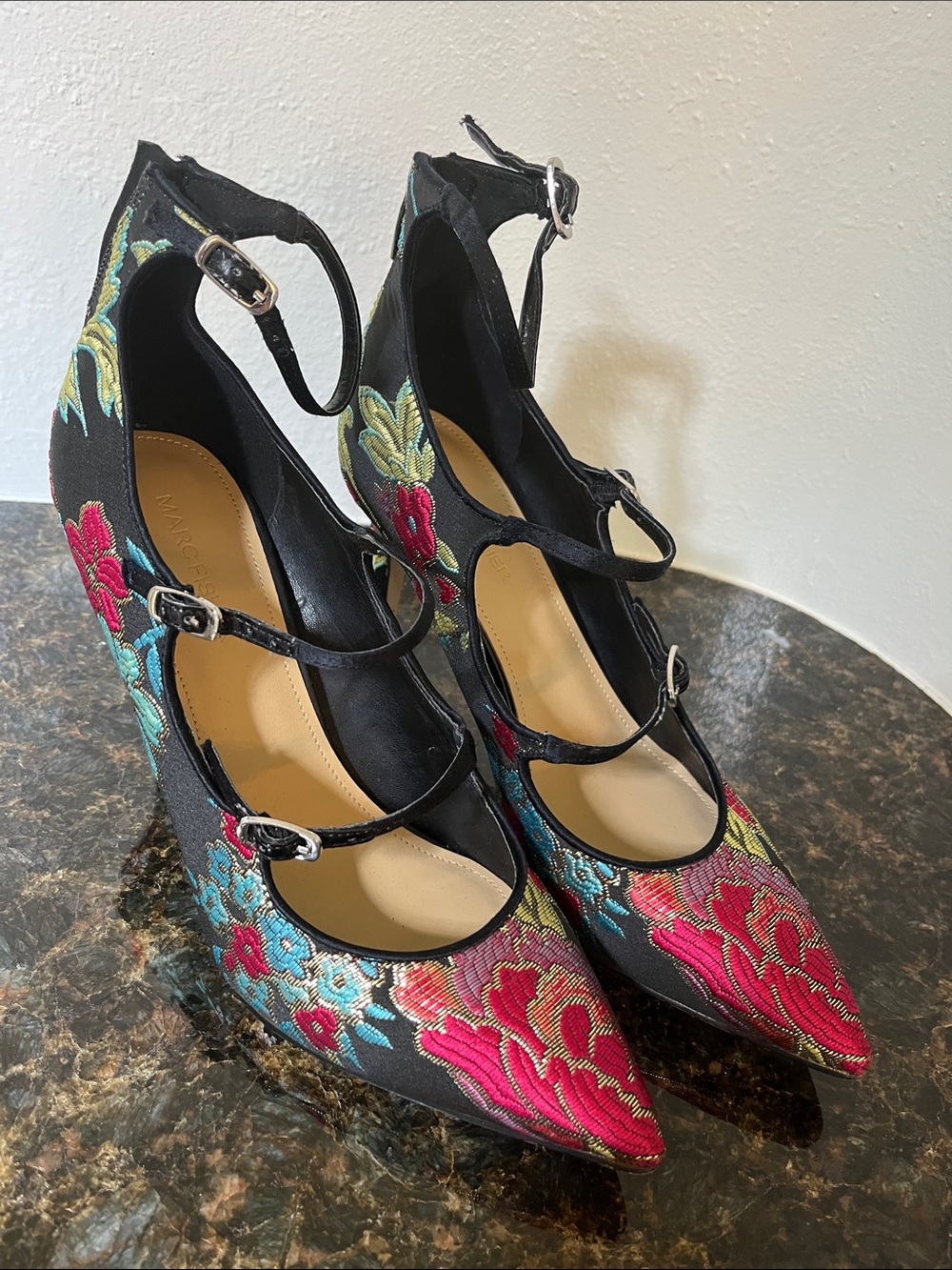 Marc Fisher Black Pointed Heels with Pink & Teal Floral Embroidery